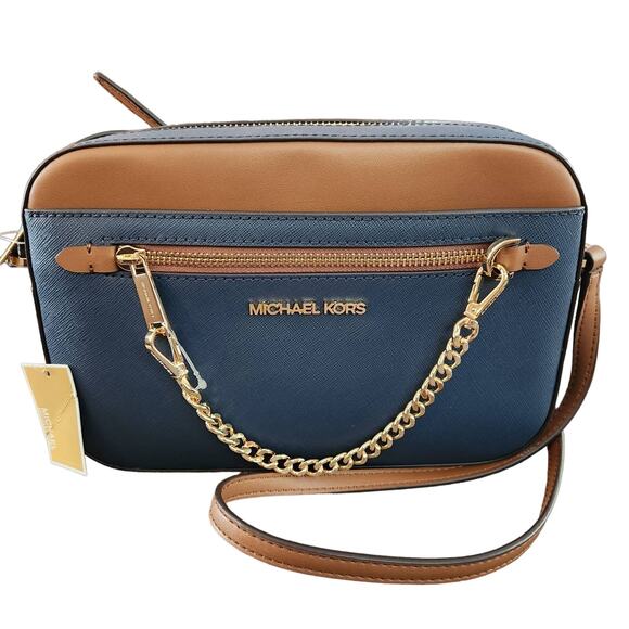 Michael Kors - Jet Set Large Zip Chain Crossbody Bag Leather Navy Purse - NEW - Picture 1 of 4